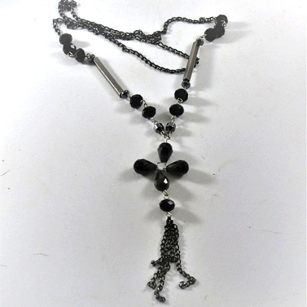 Vintage Black Crystal Tassel Flower Dangle Necklace
